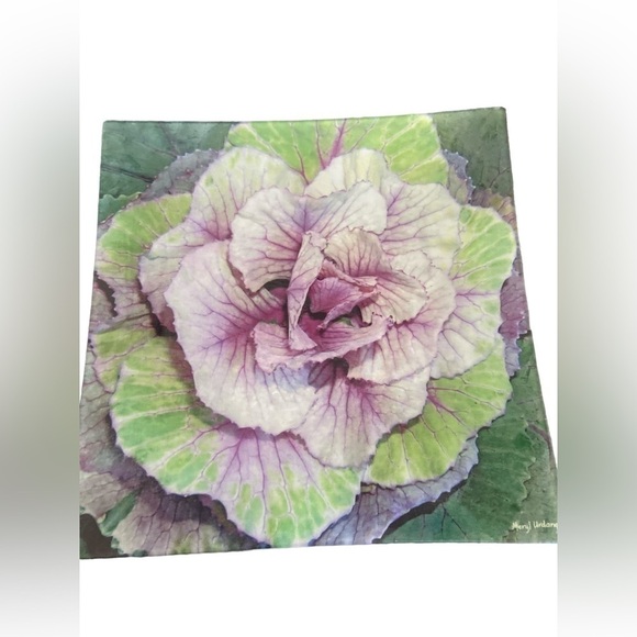 Mary Urdang silk under glass square plate cabbage purples/green artist made mark - Picture 3 of 4